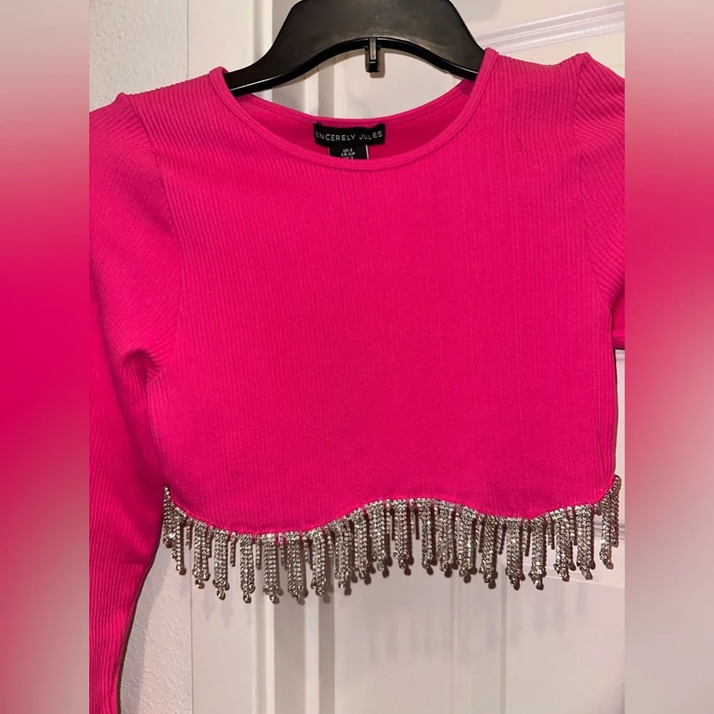 top Sexy hot pink diamond rhinestone dazzling crop blouse size small - Picture 3 of 4